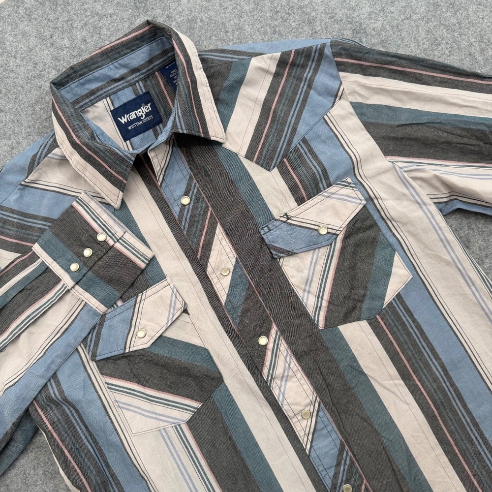 Wrangler Men's M Western Dress Shirt Blue Gray Stripe Snap Pearl Cotton Blend